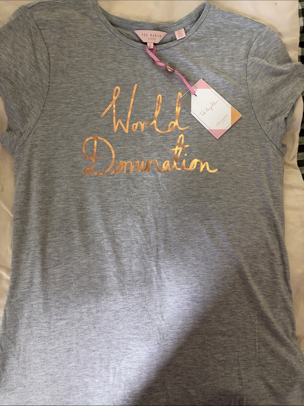 Ted Baker Gray Tee with Gold Script 'World Domination'